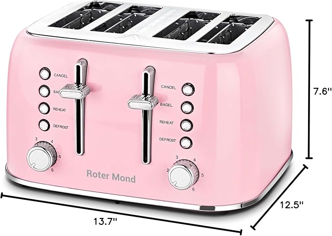Roter Mond Toaster 4 Slice Retro Stainless Steel with Extra Wide Slots Bagel Defrost Reheat Function Dual Independent Control Panel Removable Crumb Tray 6 Browning Levels Pink