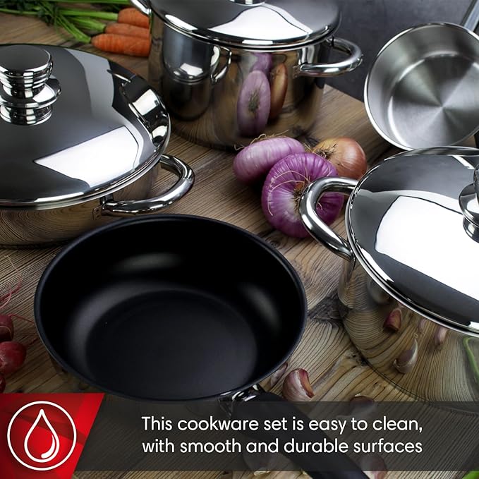 MAGEFESA FAMILY 9-Piece Stainless Steel Cookware Set – Includes Stockpot Stewpot Saucepan Sauté and Skillets – Induction Compatible Dishwasher Safe