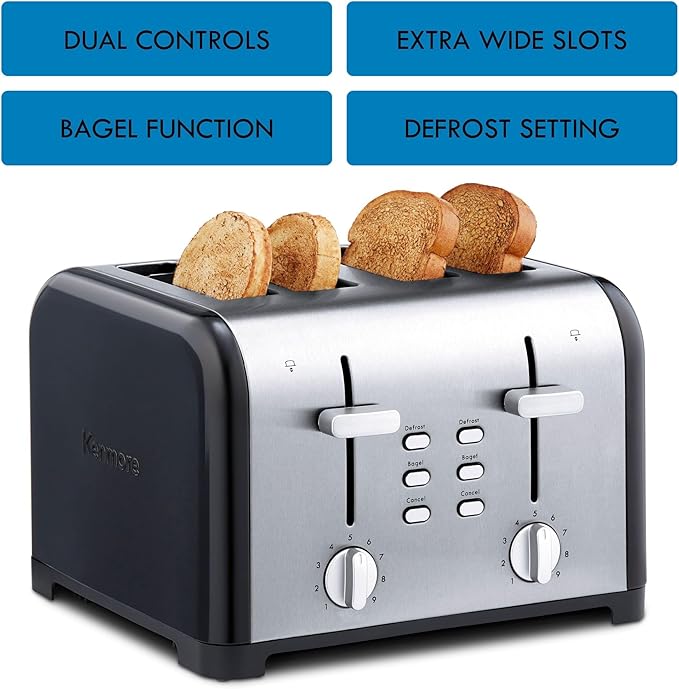 Kenmore 4 Slice Black Toaster Stainless Steel Extra Wide Slots Adjustable Browning Bagel and Defrost Settings Removable Crumb Tray Best Prime Toaster for Bread Bagel Waffles and more