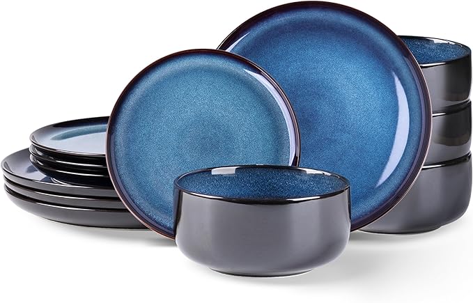 LERATIO Ceramic Dinnerware Sets for 412 Pieces Poreclain Plates and Bowls SetsScratch Resistant DishesDishwasher &amp Microwave SafeOven Safe Dishes SetService for 4 - Blue
