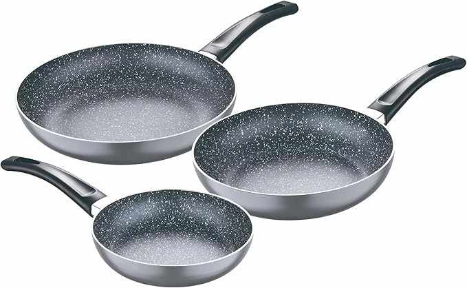 Set 3pc Frying Pan (16+20+24cm) Pressed Aluminium Induction Black Soul Marble with Set 3pc Kitchen Utensils Nylon with Set 4pc Stainless Steel Knives