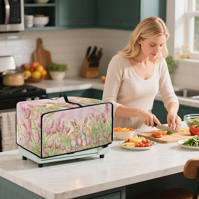 Bunny Tulip Print Toaster Oven Dust Cover Easter Egg Printed Heavy Duty Toaster Smart Oven Cover with Side Pocket Kitchen Small Appliance Cover Easter Decorative S