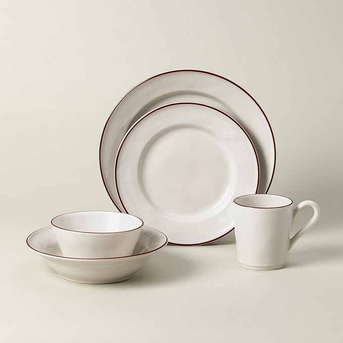 Costa Nova Ceramic Stoneware 5-Piece Place Setting Service for 1 - Beja Collection White &amp Red | Microwave &amp Dishwasher Safe Dinnerware Set | Food Safe Glazing | Restaurant Quality Tableware