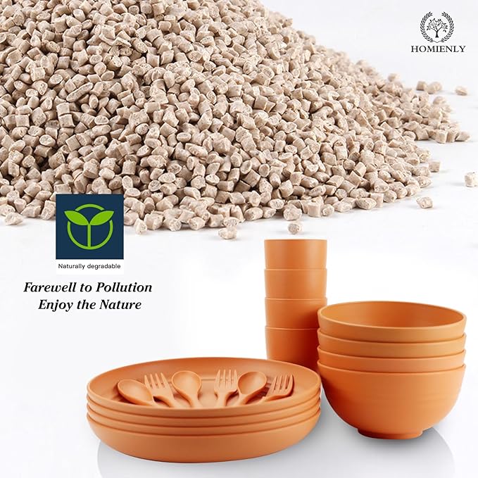 Wheat Straw Dinnerware Sets Homienly 20pcs Unbreakable Microwave Dishwasher Safe Tableware Lightweight Bowls Cups Plates Set Reusable Dinner Plates Bowls set (Orange)