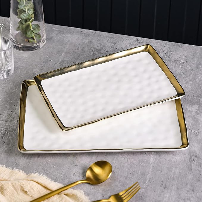 Stone Lain Florian Porcelain Large and Medium Rectangle Service Platters White with Gold Rim