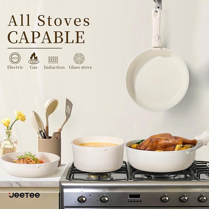 JEETEE Pots and Pans Set Non Stick 17pcs Kitchen Cookware Sets with Detachable Handle Induction Nonstick Cookware Set with Removable Handle Stackable RV Cookware Oven Safe PFAS/PFOA Free Beige