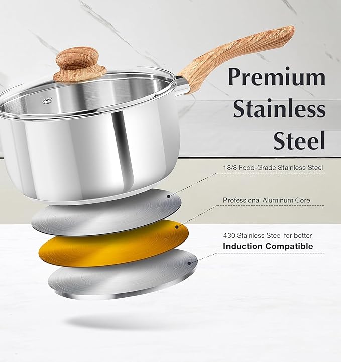 KOCH SYSTEME CS Stainless Steel Coowkare Set 10PCS Professional 18/10 Stainless Steel Pots and Pans Set with Cool-Touch Handles Tri-ply Base Kitchen Cookware Sets Cooking Set Induction Compatible