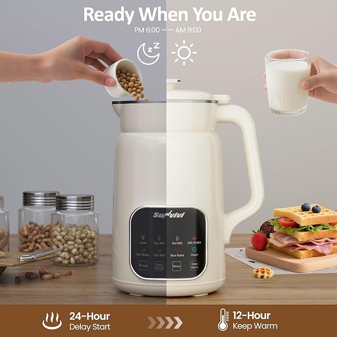 Sunvivi 8 in 1 Nut Milk Maker Machine: 60oz Soy Milk Maker for Soy/Nut/Oat Milk Juice Milkshake Rice Paste and Boil Water Countertop Blender with Delay Start/Keep Warm/Self Clean Food Processor
