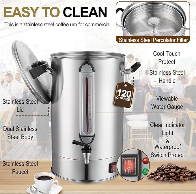 Commercial Coffee Urn 120 Cup Large Coffee Urn 20L Coffee Maker Stainless Steel Double Wall Coffee Percolator 1300W Quick Brew Hot Beverage Dispenser for Events Offices Parties Catering Gathering