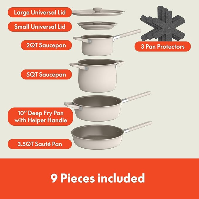 bella 9-Piece Cookware Set Fits-anywhere™ Kitchenware Oatmilk