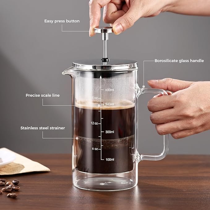 Bincoo French Press Coffee Maker 600MLDouble Wall Insulated Borolicate Glass French Press for Tea and Frothed Milk Press