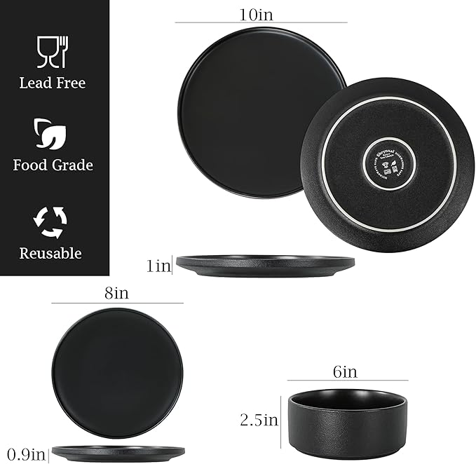 Plates and Bowls Sets 12 Piece Ceramic Dinnerware Set for Family and Gatherings Dishes Set for 4 Dishwasher &amp Microwave Safe Handcrafted Stoneware Sets Modern Black