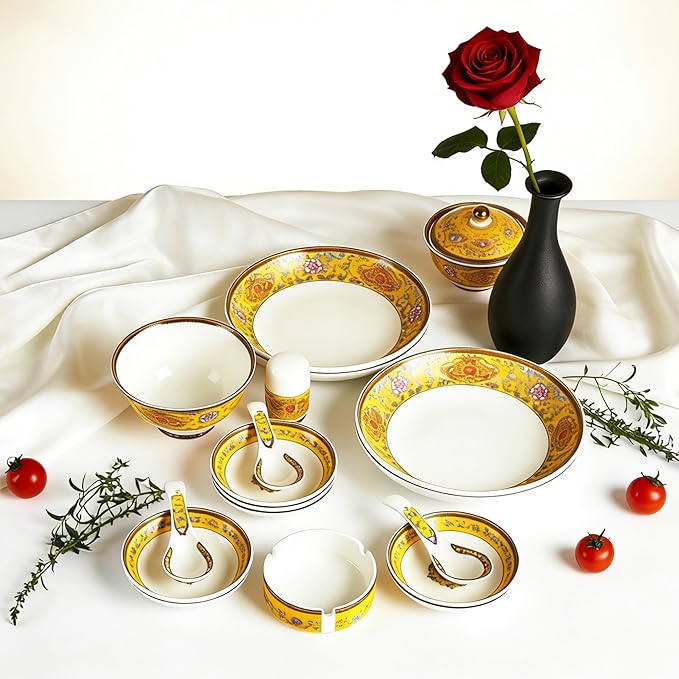48 Piece Fine Bone China Dinnerware Set Royal Style Banquet Dinner Set Enamel Yellow
