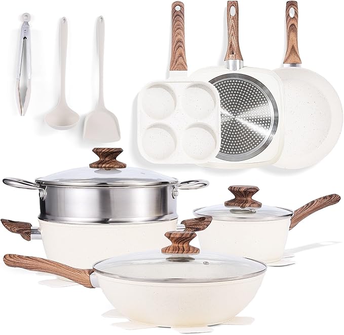 Nonstick Pots and Pans Set 17 Pcs Kitchen Cookware Set with Stay-Cool Handles - Induction Compatible White Nonstick Coating