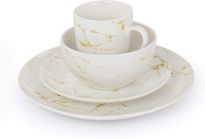 Unknown1 Fine Marble 16 Piece Stoneware Dinnerware Set in Gold and White Solid Modern Contemporary Round Microwave Safe 130 h x 65 h x 55 h