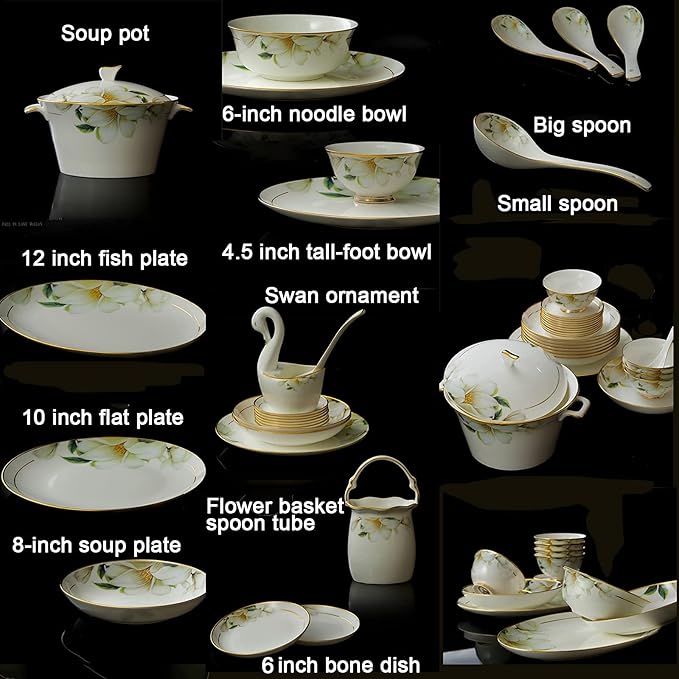 60 Pieces Dinnerware Set Porcelain Bone China Kitchen Dinner Set with Cereal Bowls Dessert Plates Soup Plates Fish Plate Dishes and Soup Pot Service for 10 People Dishwasher and Microwave Safe