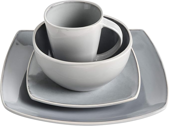 Gibson Elite Soho Lounge Square Reactive Glaze Stoneware Dinnerware Set Service for 4 (16pc) Light Gray