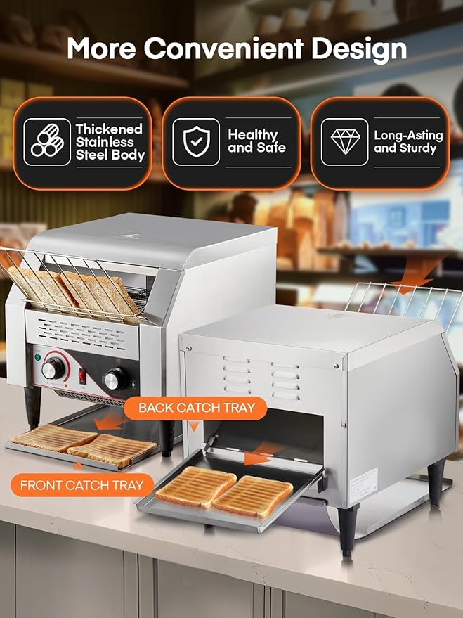 Commercial Conveyor Toaster 350 Slices/Hour Electric Stainless Heavy Duty Restaurant Toaster with Dual Heating Tube 7 Browning Levels for Bagel Restaurant Bakery Cafe Silver