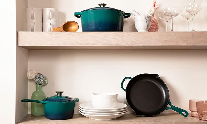 Larder &amp Vine 5-Piece Enameled Cast Iron Cookware Set - Includes 5.7 Quart Dutch Oven with Lid 10.25 Inch Skillet 2.2 Quart Saucepan with Lid (Bondi)