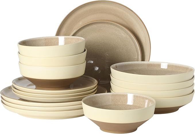 Gibson Elite Octavia Place 16 Piece Stoneware Dinnerware Set Service for 4 Coupe Modern Plates &amp Bowls Reactive Glaze Finish Taupe Microwave &amp Dishwasher Safe