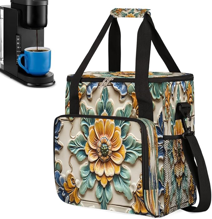 Ceramic Flowers Coffee Maker Carring Bag Travel Carrying Storage Tote Bag Compatible with Keurig K-Mini or K-Mini Plus Portable Single Serve Coffee Brewer Case with Pockets for K-cup Pods
