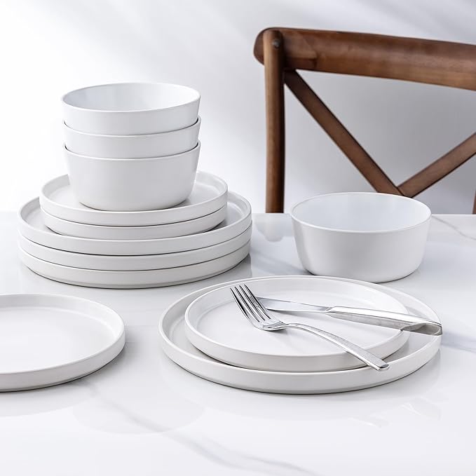 AmorArc Ceramic Dinnerware Sets for 6 Modern Flat Stoneware Plates and Bowls SetsChip and Crack Resistant | Dishwasher &amp Microwave Safe Dishes SetScratch Resistant- Service for 6 (18pc)-Matte W