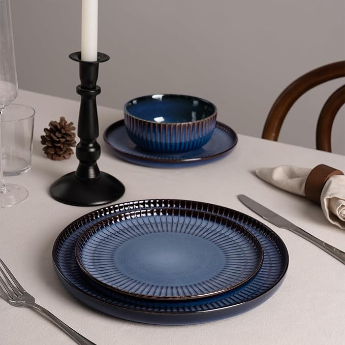 Famiware Starlight Plates and Bowls Dishes Set of 6 (18 Pieces) Ribbed Textured Stoneware Dinnerware Sets- Dishwasher &amp Microwave Safe Chip &amp Scratch Resistant Starry Blue