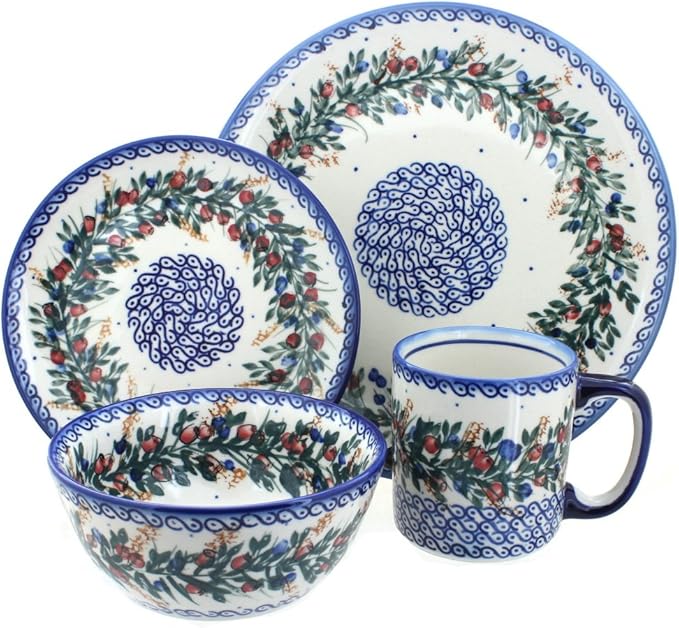 Blue Rose Polish Pottery - Red Berry 4 PC Place Setting - Service for 1-1 Place Setting - Ceramic Dinnerware Set Unique Christmas Gift &amp Festive Tableware