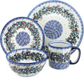 Blue Rose Polish Pottery - Red Berry 4 PC Place Setting - Service for 1-1 Place Setting - Ceramic Dinnerware Set Unique Christmas Gift &amp Festive Tableware