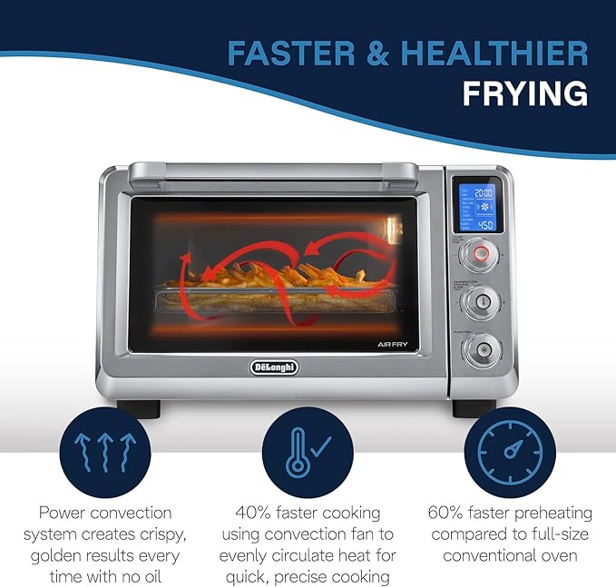 De'Longhi 10-in-1 Digital AirFryer 24L True Convection Toaster Oven with Internal Light Grills Broils Bakes Roasts Reheats Preset for Cookie &amp Pizza 1800-Watts Stainless Steel