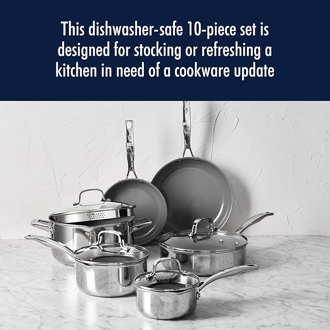 HENCKELS Clad H3 10-pc Induction Ceramic Nonstick Pot and Pan Set Stainless Steel Durable and Easy to clean