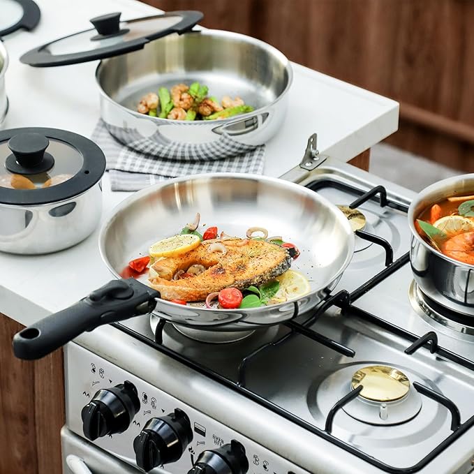 ROYDX 20pcs Tri-Ply Stainless Steel Cookware Set 18/10 Stainless Steel Pots and Pans Set with Detachable Handle Cookware Set PFOA Free for All Stoves Space Saving Induction Oven Safe