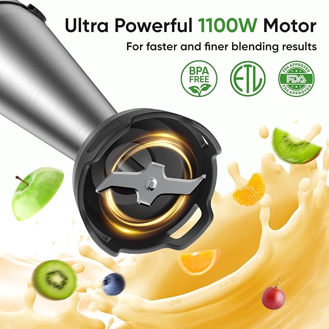 Immersion Blender Handheld 1100W 3 in 1 Corded Stick Hand Blenders for Kitchen with Trigger Speed Control with Whisk Milk Frother Attachemnts Perfect Emulsifier for Soup Smoothie Puree