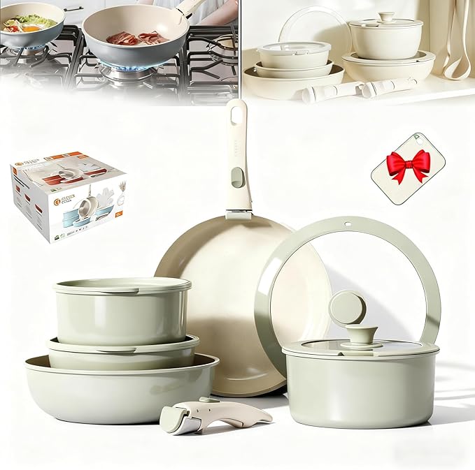 Cookware Set Ceramic Cookware Set Removable Handle 2026 New 11 Piece Nonstick Detachable Handle Cookwares Non Stick Cookwares Sets for Kitchen (Green11pcs)