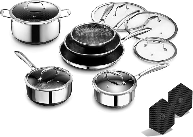 HexClad Hybrid Nonstick 14-Piece Cookware Set 8 10 and 12 Pans with Lids 2 3 and 8Qt Pots with Lids and 2 Silicone Trivets Stay-Cool Handles Dishwasher and Oven-Safe Induction Ready