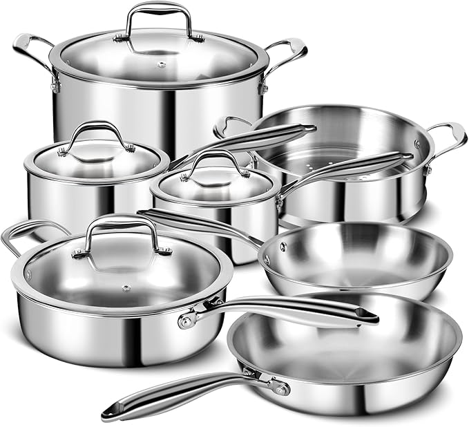 3 Ply Stainless Steel 11-Piece Cookware Set with Lids Pots and Pans Kitchen Set Non-Toxic Induction Oven Dishwasher Safe Professional Chef Quality