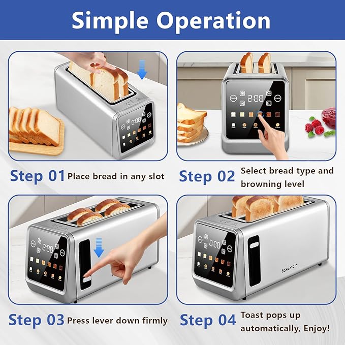 Smart Toaster 4 Slice Touch Screen Digital Toasters with 6 Browning Levels &amp 5 Bread Types Bagel Extra Long Wide Slots Memory Function Timer 1400W Stainless Steel