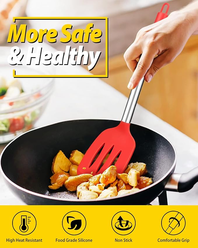 Pack of 4 Silicone Cooking Utensils Set Non Stick Large Solid Spatulas Heat Resistant Slotted Spoons Ideal BPA Free Kitchen Turners for Frying MixingServingDrainingTurningStirring (RED)