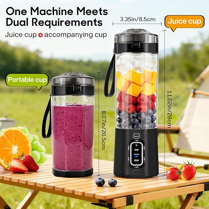 MIAOKE 2026 Upgrade 700 ML Portable Smoothie Blender Rechargeable Personal Blende Contains both Automatic and Pulse Functions with Travel Cup and Lid 6 Sharp Blades Mixer Blender Machine Black