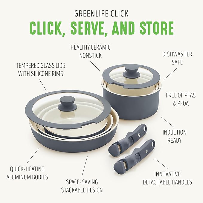 GreenLife 10 Piece Nonstick Pots &amp Pans Set Detachable Handle &amp Stackable Cookware Set Non Toxic PFAS-Free Skillets Induction Kitchen Pans Space Saving Serving Bowls Oven Safe Graphite