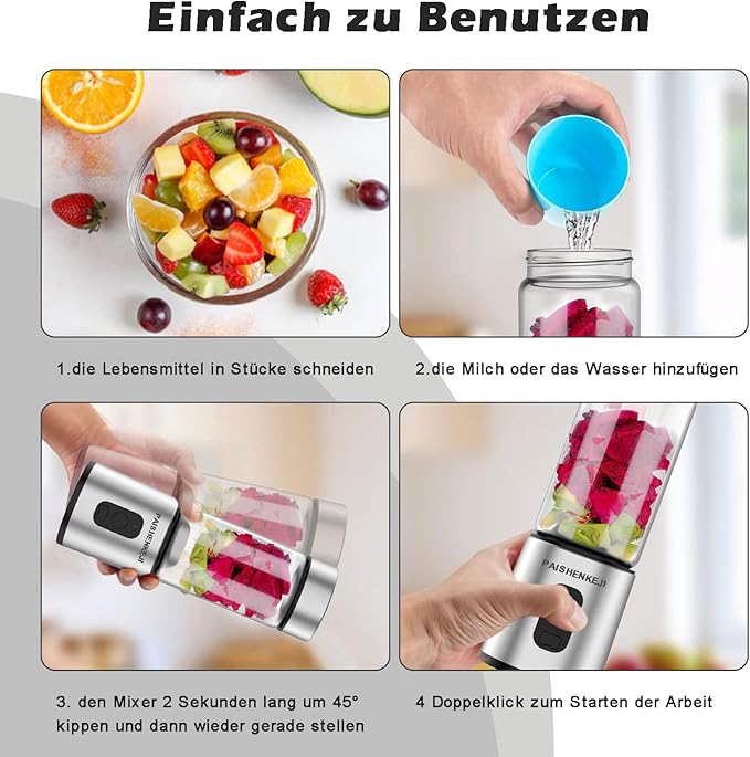 Glass Portable Blender Smoothies: Mini Personal Blender Shakes and Smoothies Small USB Rechargeable Baby Food Travel Beach Office Sports Kitchen Gym Use