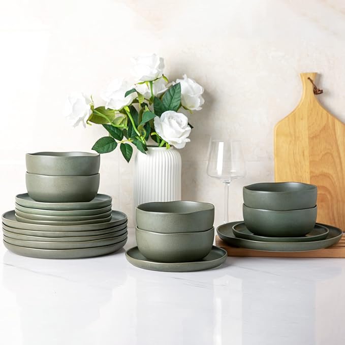 AmorArc Ceramic Dinnerware Sets Wavy Rim Stoneware Plates and Bowls SetsDishwasher &amp Microwave &amp Oven Safe Dishes set Service for 8 (24pc)