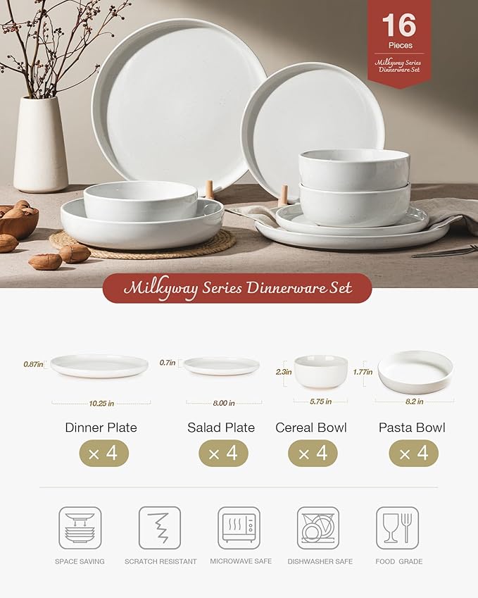 Famiware Milkyway Stoneware Dinnerware Sets with Pasta Bowls Service for 4 (16 Pieces) Plates and Bowls Sets -Scratch Resistant Microwave and Dishwasher Safe Dishes Set White