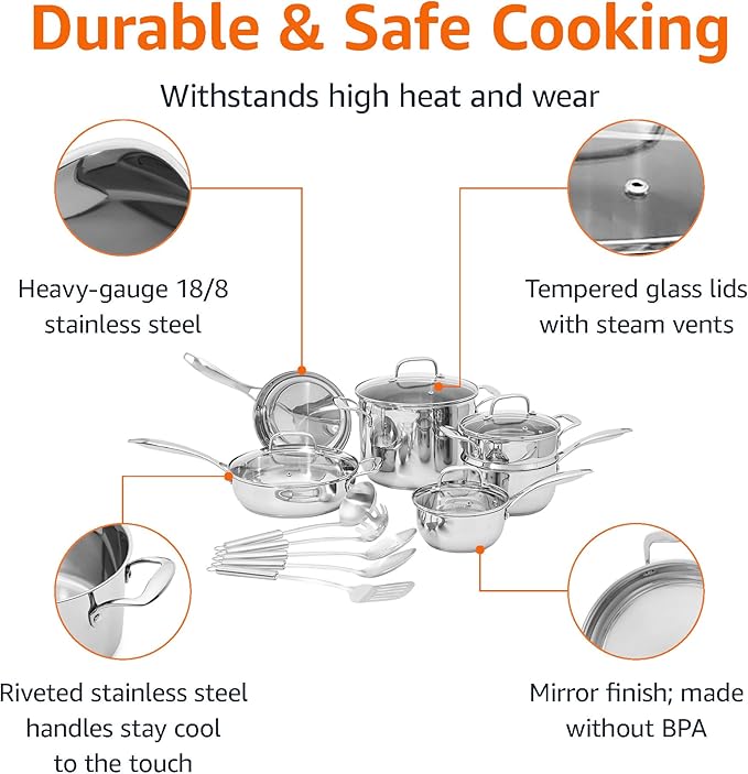 Amazon Basics Stainless Steel Cookware 15-Piece Set Oven Safe Induction-Ready Even Heating Easy to Clean Stay-Cool Handles Pots and Pans Silver