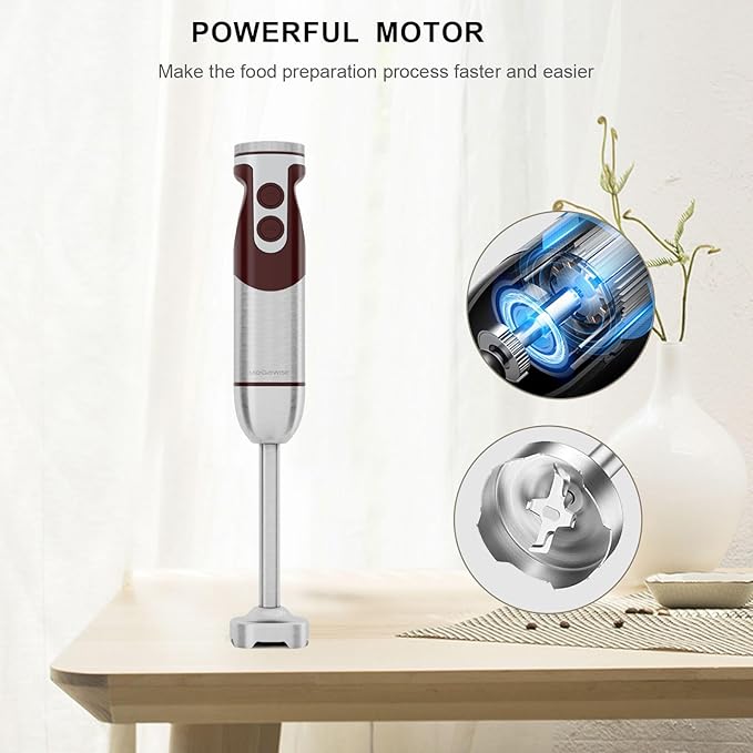 MegaWise 5-in-1 Immersion Hand Blender Set with Variable Speed 400W Stainless Steel - Includes Chopper Whisk Milk Frother and Beaker - Ideal for Soups Smoothies Baby Food &amp More (RED)
