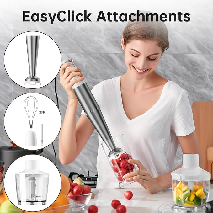 Immersion Blender Handheld Corded Hand Blenders Set 1100W Trigger Variable Speed 5 in 1 Stick Emulsifier with Chopper Whisk and Frother for Soup Baby Food and Smoothies White