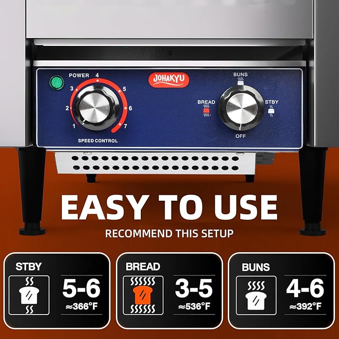 JOHAKYU Commercial Conveyor Toaster - 300 Slices/Hour Heavy Duty Stainless Steel for Buns Bagels Bread Restaurant Use/Includes Cleaning Accessories