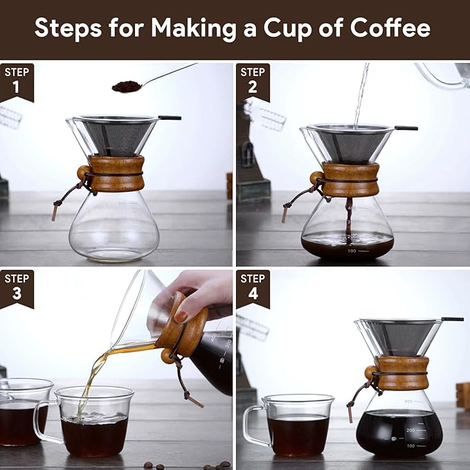 Wood Neck Pour Over Coffee Maker with Stainless Steel Filter 400ml(13oz) Glass Coffee Pot Drip Coffee Brewer for Home Cafe Camping Gift - Permanent Reusable Filter No Paper Needed(400ml)