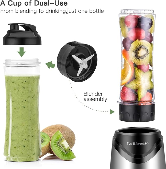 La Reveuse Smoothies Blender Personal Size 300 Watts with 18 oz BPA-Free Portable Travel Sports Bottle Silver
