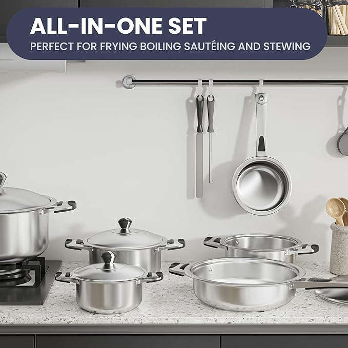 Stainless Steel Cookware Set 12-Piece Nonstick Stainless Steel Pan Set D5-Ply Base for Even Heating Dishwasher Safe Vented Glass Lids Heavy-Duty Especially for Home &amp Beginner Cooking